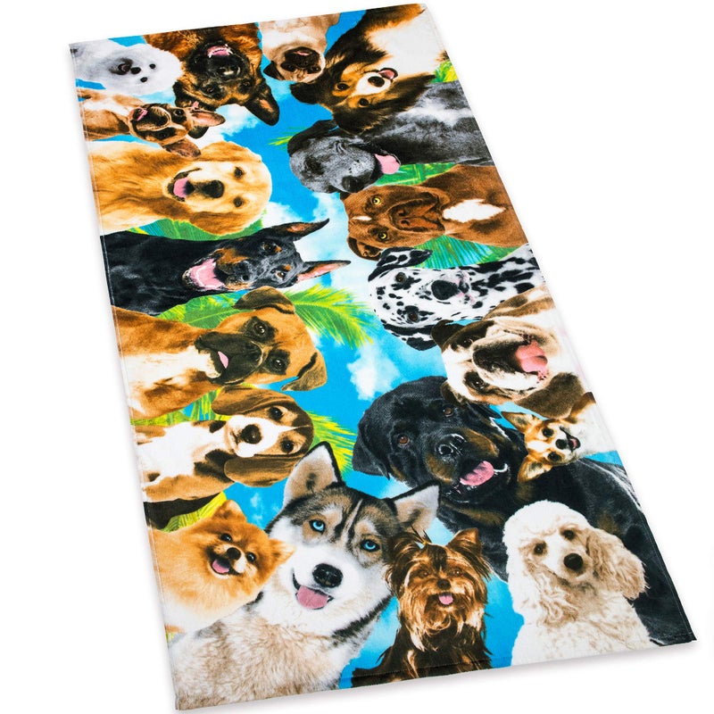 Softerry Dogs at The Beach - Selfie Pets Beach Towel 30 x 60 inches 100% Cotton Velour (Dog Party, 1 Towel) - Image 1